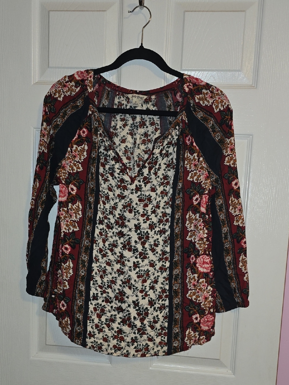 Lucky Brand‎ Burgundy Black Cream Floral Patchwork Tunic